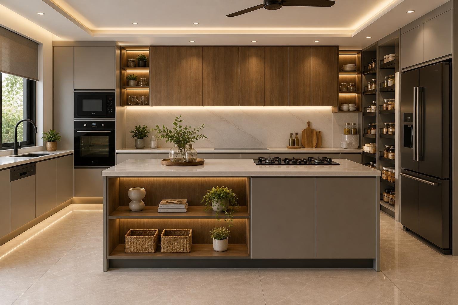 Modern modular kitchen with wood and matte cabinetry, island counter and integrated lighting