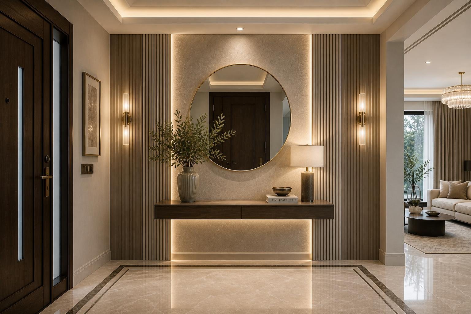 Home entryway foyer with console table, round mirror and warm lighting